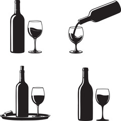 A bottle of wine and a wine glass silhouette set vector illustration isolated On Transparent Background