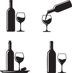 A bottle of wine and a wine glass silhouette set vector illustration isolated On Transparent Background