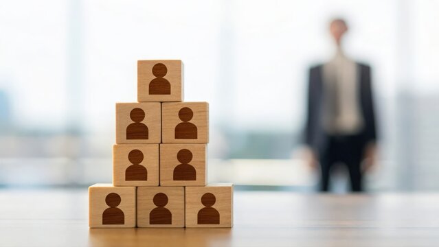 Blurred corporate environment highlighting recruitment strategy using symbolic wooden team blocks
