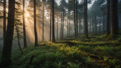 Obraz premium Misty Forest Clearing at Sunrise with Gentle Slope