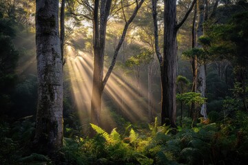 Fototapeta premium Sunlight streams through trees in Tasmania forest revealing vibrant greenery and serene atmosphere, Sunlight through trees in Tasmania forest Sun rays in wild Australia nature