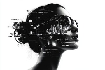 Digital silhouette of a woman with glasses overlaying a cityscape merges human and urban elements in a futuristic artistic style