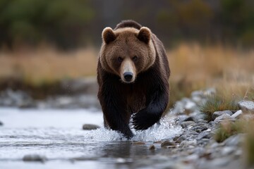 Obraz premium Fierce Bear Charging Through Shallow River Water in Wilderness