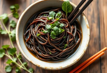 Vibrant black bean noodles in a bowl, garnished with fresh herbs,  fresh,  savory