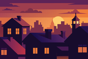 Fototapeta premium city rooftops glowing in evening sunset