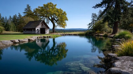 Obraz premium Serene Barn by Tranquil Water Under Clear Blue Sky