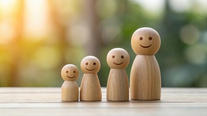 Soft focus scene with happy wooden figures representing adoption, foster care, and safe shelter
