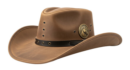 Classic brown leather cowboy hat with a decorative horse head medallion and black band, isolated on a clean white background, perfect for Western-themed designs and fashion