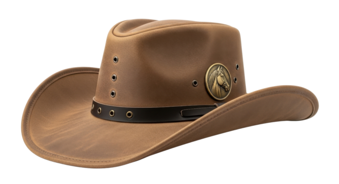 Brown leather Australian bush hat with horse badge isolated PNG with Transparent Background