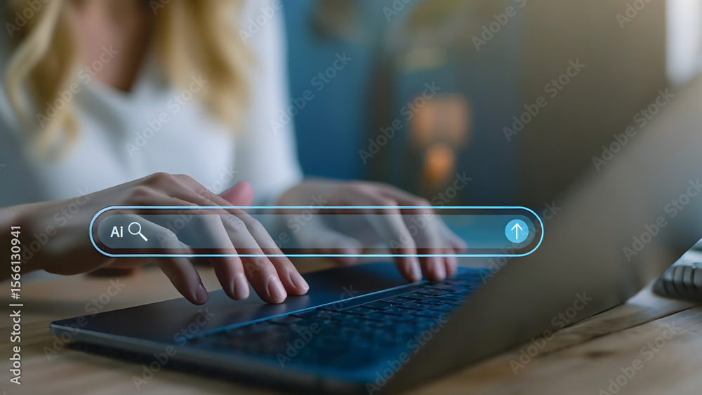 Poster ai search concept: user typing on laptop with virtual search bar overlay for machine learning and di
