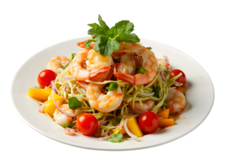 Shrimp salad from Vietnam on a plain white background

