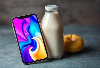 Cell phone resting next to a bottle of breast milk, breastfeeding, screen