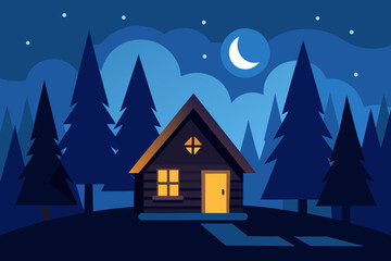 moonlit scene of cozy cabin in forest