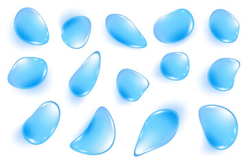 Blue water drops. 3d liquid transparent splashes of gel on white background. Realistic clear texture shapes on surface. Top view of aqua collagen and spots of serum. Vector elements