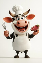 Happy cow chef holds a juicy steak in one hand and a fork in the other while wearing a chef's hat in a playful kitchen setting