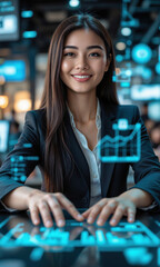 Asian female entrepreneur with long, straight hair, smiling while interacting with virtual charts and holographic financial symbols, showcasing her leadership