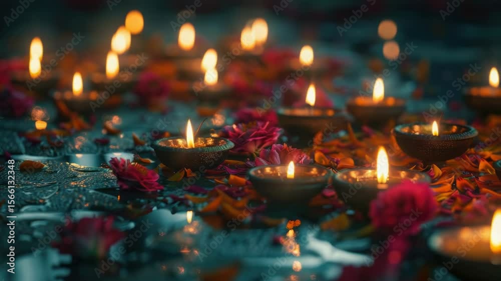 Poster A collection of lit candles sitting on a table, perfect for use in scenes with warm lighting or as decorative elements