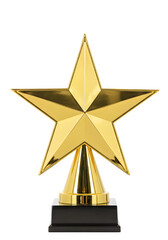 Golden star trophy with a glossy, reflective finish. Ideal for awards, achievements, or recognition-themed visuals isolated on white or transparent background. PNG format.