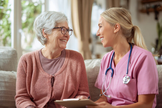 Caregiver provides compassionate home healthcare, sharing warm, genuine smile with an elderly woman, creating joyful and comforting atmosphere