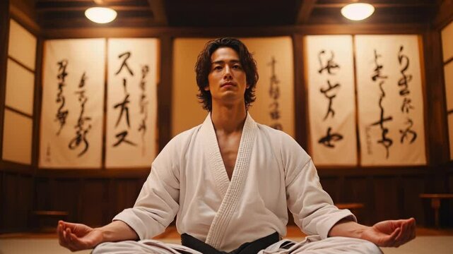 A serene Japanese man meditates in a dojo, embracing inner peace and practicing mindfulness.