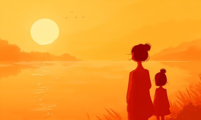 Fototapeta premium Emotional Silhouette of a Mother and Daughter Sharing a Quiet Moment During Golden Hour Sunset