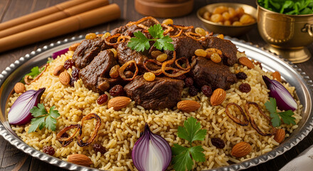 A flavorful Kabuli Palaw presents a delectable combination of tender beef, fragrant rice, and sweet raisins, garnished with almonds.