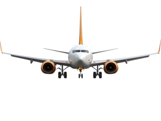Front view of a modern passenger jet airplane with orange accents isolated on transparent background