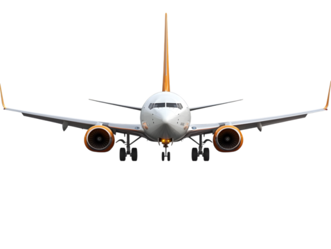 Front view of a modern passenger jet airplane with orange accents isolated on transparent background