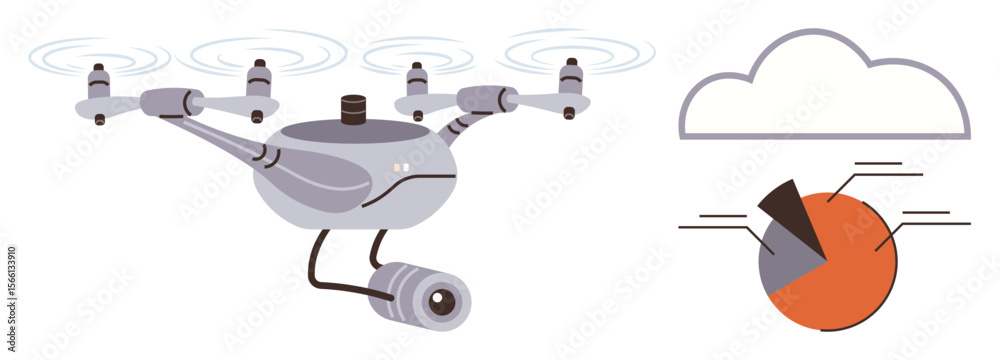 Poster drone with camera flying and analyzing data, connected to a cloud. pie chart indicates data analysis