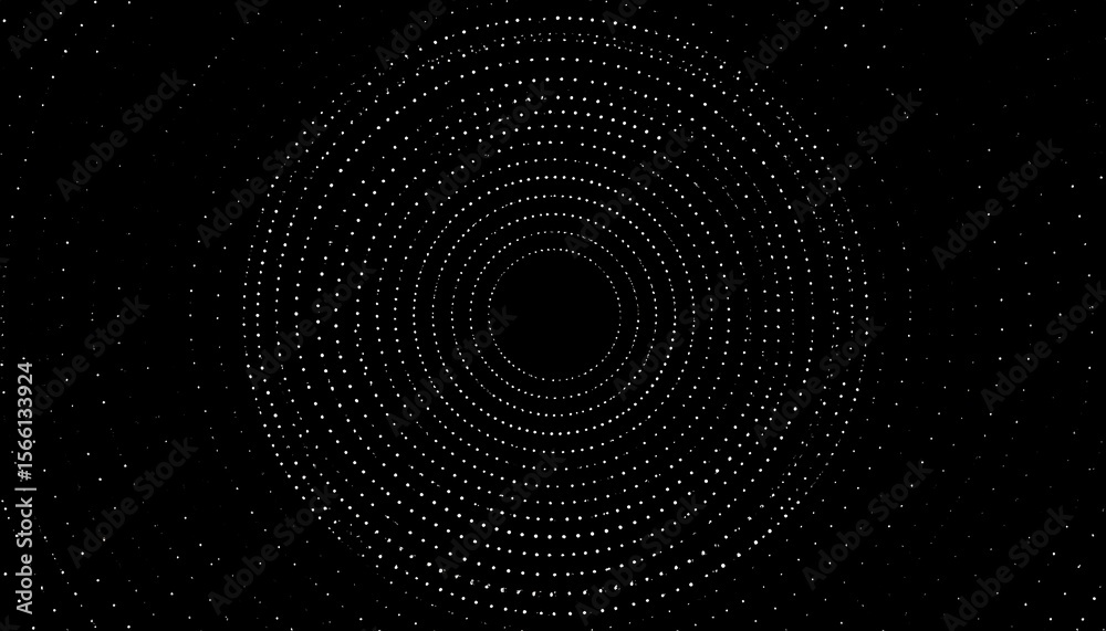 Poster concentric circles of dots on black.