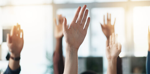 Hands raised, volunteer and group of business people in meeting as audience for question or answer....