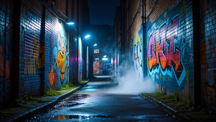 Naklejka premium Moody urban alleyway at night, vibrant graffiti, steam, dark atmosphere.