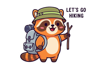Cartoon Raccoon with Backpack and Hiking Stick Ready for Adventure.