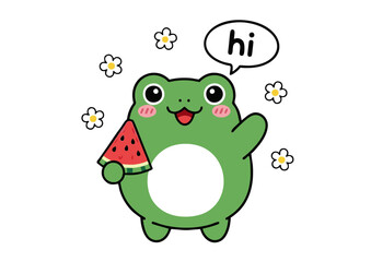Obraz premium Cheerful Cartoon Frog with Watermelon Slice and Hi Bubble.