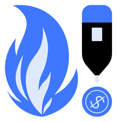 Blue flame, gas valve, dollar coin representing energy cost, pricing, resources, and economic reliance. Ideal for energy, finance, industry economy sustainability utility and climate topics