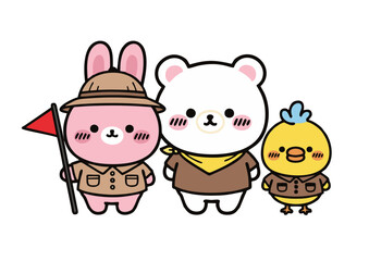Cartoon Animals: Pink Rabbit White Bear and Yellow Chick in Explorer Outfits.