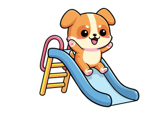 Cartoon Puppy Joyfully Sliding Down a Blue and Yellow Playground Slide.