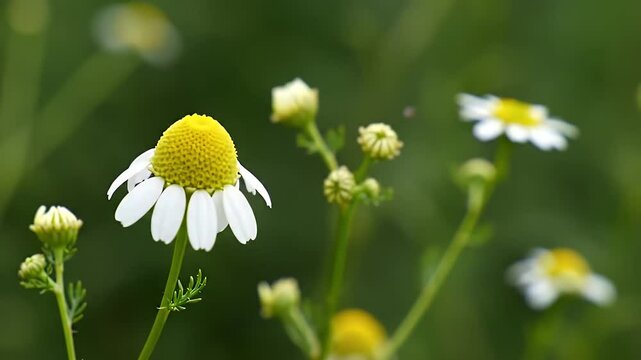 Detailed Close-up of Chamomile Flowers with Green Foliage in Soft Focus Garden Background
