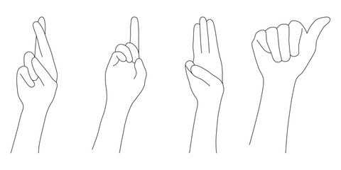Set of Hand Gestures Line Art Collection. A comprehensive set of minimalist line art illustrations featuring various common hand gestures. Each gesture is rendered with a clean black outline.