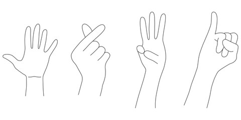 Fototapeta premium Set of Hand Gestures Line Art Collection. A comprehensive set of minimalist line art illustrations featuring various common hand gestures. Each gesture is rendered with a clean black outline.