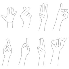 Fototapeta premium Set of Hand Gestures Line Art Collection. A comprehensive set of minimalist line art illustrations featuring various common hand gestures. Each gesture is rendered with a clean black outline.