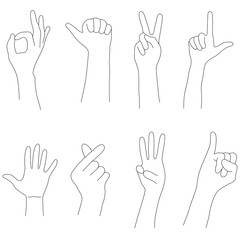 Set of Hand Gestures Line Art Collection. A comprehensive set of minimalist line art illustrations featuring various common hand gestures. Each gesture is rendered with a clean black outline.