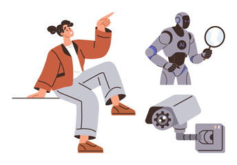 Woman gestures confidently, AI robot observes with magnifier, and surveillance camera records activities. Ideal for technology, AI, innovation, automation, privacy, security and human-technology