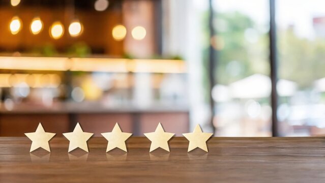 Blurred tabletop with satisfaction stars and review symbols reflecting impressed customer feedback and care quality

