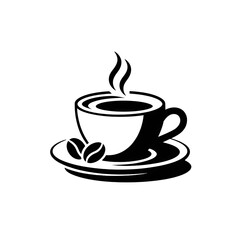 Obraz premium Stylized black and white illustration of a steaming cup of coffee with two coffee beans on a saucer representing a classic cafe beverage