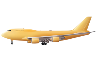 Yellow jumbo jet airplane side view isolated on transparent background