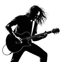 Dynamic silhouette of a passionate male guitarist with long flowing hair playing an electric guitar with intense focus and energy