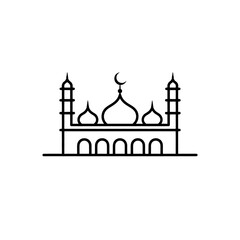 Simple black line art illustration of a mosque with domes minarets and crescent moon symbol against a white background