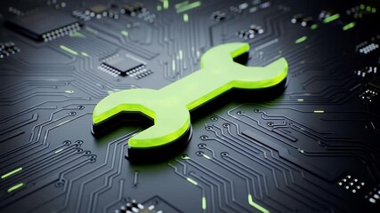 Green Wrench on Dark Circuit Board for Computer Hardware Repair and Electronic Technology Maintenance