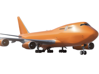 Bright orange cargo airplane with four engines isolated on transparent background